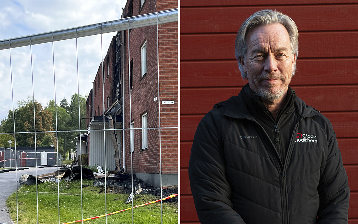 Tvådelad bild. Till vänster: trevåningshus i tegel med tydliga brandskador. I förgrunden ett byggarbetsplatsstaket. till höger: Halvkroppsporträtt på Stefan Söderlund i grått medelkort rakt hår, lite mustasch och skägg, svart jacka med Glada Hudikhem-logga. I bakgrunden en faluröd trävägg. Stefan Söderlund lovar att Glada Hudikhem ska se till att alla som drabbats av branden får en permanent bostad.