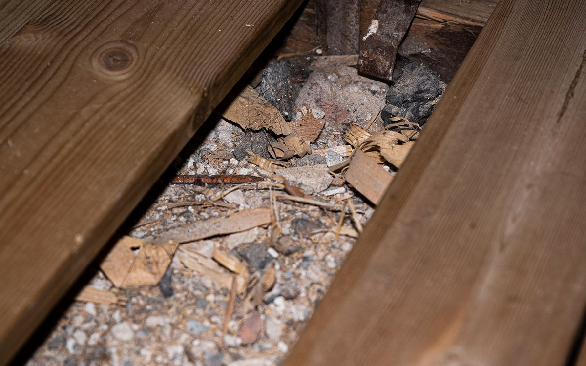 Närbild på ett brädgolv där en planka tagits bort och utfyllnadsmaterialet under syns.