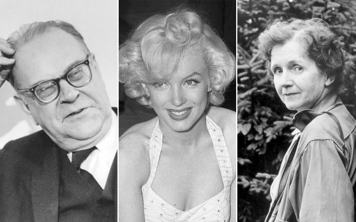 Tredelad bild med tre personer. Statsminister Tage Erlander, skådespelaren Marilyn Monroe och författaren Rachel Carson.
