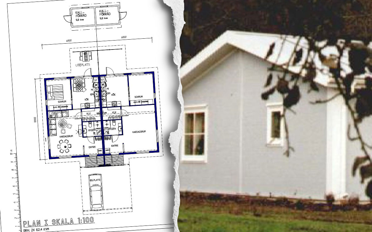 En tvådelad bild som visar ett foto på ett hus och en ritning över ett hus.