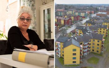 En tvådelad bild. En äldre kvinna med glasögon och vitt hår som sitter i en lägenhet vid ett bord med en pärm på. En bild tagen ovanifrån som visar ett bostadsområde.