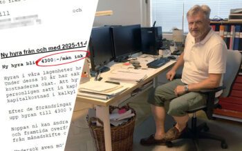 En tvådelad bild som visar en man vid ett skrivbord på ett kontor och ett faksimil av ett brev med texten "Ny hyran blir 4300 kr/mån".