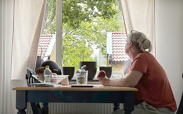 En kvinnan som tittar ut genom ett köksfönster.