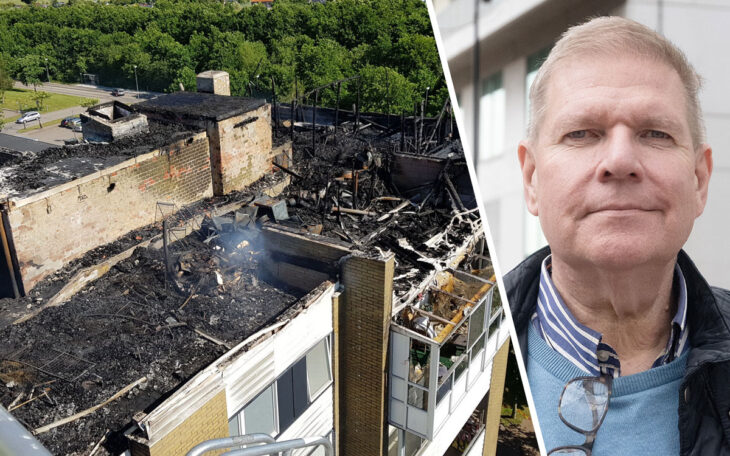 En tvådelad bild som visar ett eldhärjat hus och ett porträtt på en man.