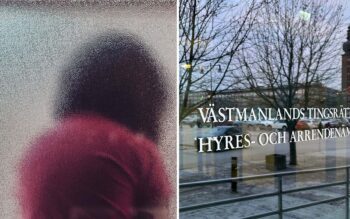 Till vänster en flicka bakifrån, pixlad bild. Mörkt långt hår, röd tröja, nedböjt huvud. Till höger hyresnämnden i Västerås, text på entrédörr av glas. I glaset speglar sig kala träd och en byggnad i bakgrunden.