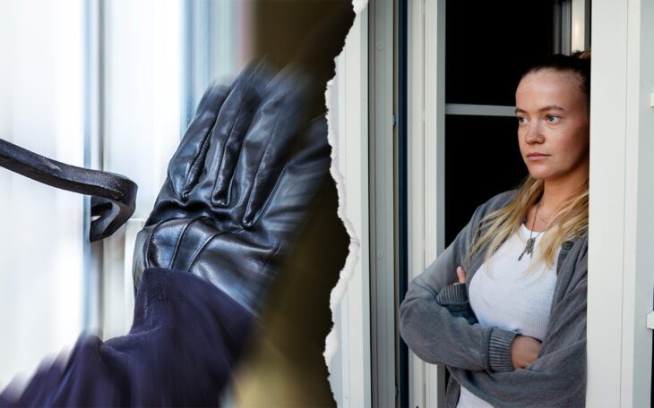 Kofot som bryter upp balkongdörr. Alva, som drabbades av inbrott.