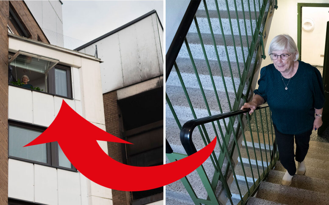 En tvådelad bild som visar en äldre kvinna som tittar ut genom ett öppet fönster högt uppe i ett brandskadat flervåningshus och samma kvinna som går i en trappa invändigt i huset.