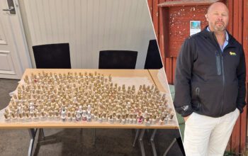 Tvådelad bild. På ena bilden står en stor mängd nagellacksflaskor. På den andra bilden syns en man.