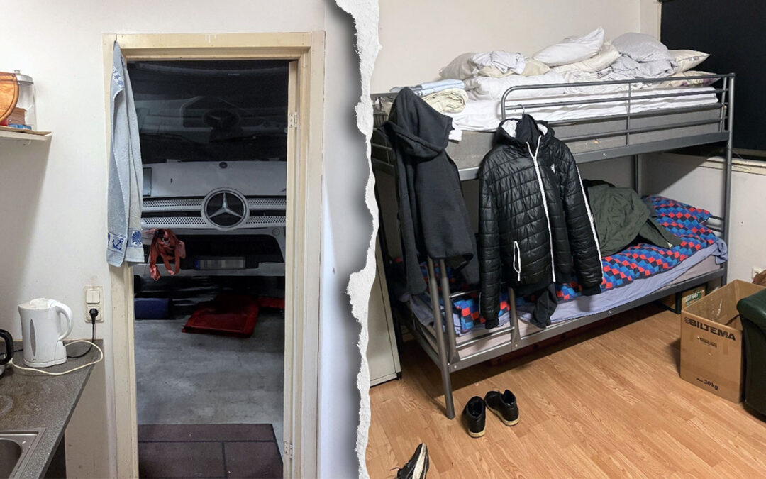 En tvådelad bild som visar fronten av en lastbil precis utanför en dörröppning till ett kök samt en våningssäng med kläder och sängkläder.