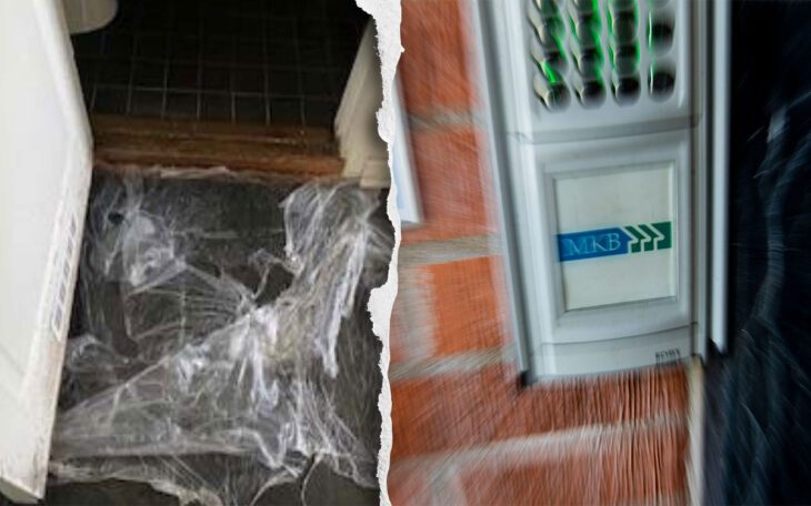 Plastfolie som täcker fuktskada och en MKB-skylt.