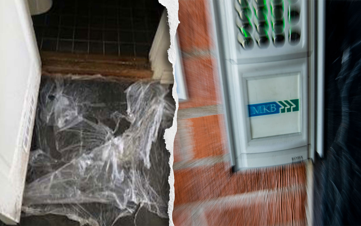 Plastfolie som täcker fuktskada och en MKB-skylt.