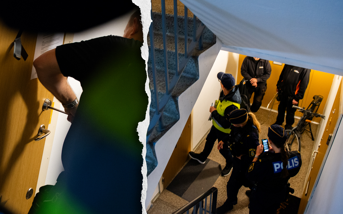 Låssmed som bryter upp dörrar och polis.