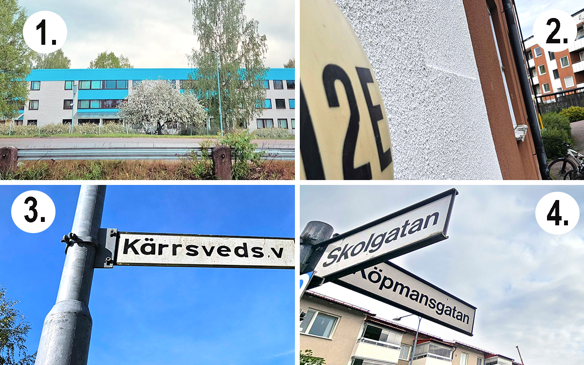 Fyrdelad bild där man ser hus, vägskyltar och en liten ljusskylt.