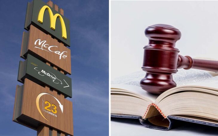 En tudelad bild. Den ena föreställer en McDonaldsskylt, den andra en öppen lagbok med domarklubba.