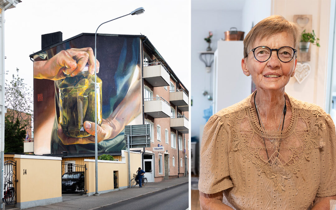 Bilden är en split med två bilder. Till vänster visas en väggmålning. till höger hyresgästen Ann-Lena Hising.
