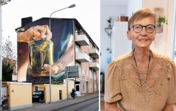 Bilden är en split med två bilder. Till vänster visas en väggmålning. till höger hyresgästen Ann-Lena Hising.