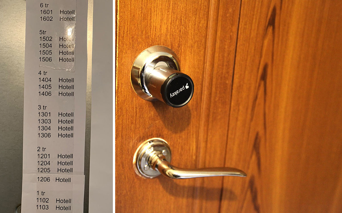 Hyresgästerna tejpade upp en egen lista för att visa hur många bostäder som hyrs ut som hotell. De lägenhetsdörrarna har svarta låscylindrar som låses upp via en app i stället för en fysisk nyckel.