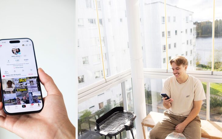 Albin Allmyr på balkongen vid sin nya lägenhet, som han fick via tiktok.