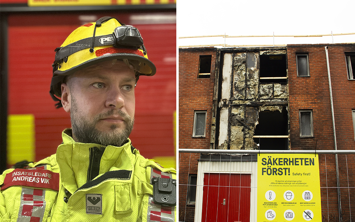Tvådelat foto. T v: Andras Vik i skägg och mustasch, gul hjälm och gul jacka märkt med en röd namnskylt där det står "Insatsledare Andreas Vik ". T h: En del av det branddrabbade tegelhuset, där man ser att en trappugång blivit kraftigt brandskadad. I förgrunden avspärrningsstängsel/byggstängsel med en gul skylt där det står "Säkerheten först!" i versaler och olika säkerhetsinstruktioner med symboler. Branden i huset på Stormyravägen spred sig snabbt via vinden. Ingen vet hur vanligt det är med bostadshus med vindar som saknar ordentliga brandceller.