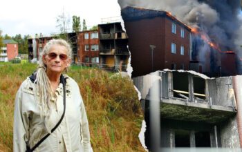 Tredelad bild. T v: Aino Sundman (halvkroppsporträtt) står i ljus jacka, solglasögon, långa gråa och ljust färgade dreadlocks i hästsvans, väska med axelrem. På avstånd i bakgrunden ser man en del av det svartbrända tegelhuset i tre våningar. Ö t h: Samma hus sett från andra sidan med lågor som slår upp från taket och mörk branrök. N t h: En sotig balkong som saknar räcke sett genom avspärrningsstängslet som syns som suddiga streck i förgrunden. Aino Sundman, hyresgäst, förlorade sitt hem när en spisbrand i en lägenhet spred sig upp på vinden och branden förstörde hela huslängan. Det ska ha funnits en avgränsande gipsvägg på vinden enligt Glada Hudikhem, men den stoppade inte branden. Hur många bostadshus i Sverige som har vindar utan ordentliga brandceller vet ingen.