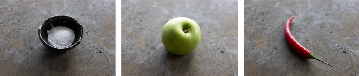 Havssalt, Granny Smith-äpplen och chili – viktiga ingredienser för tartaren.