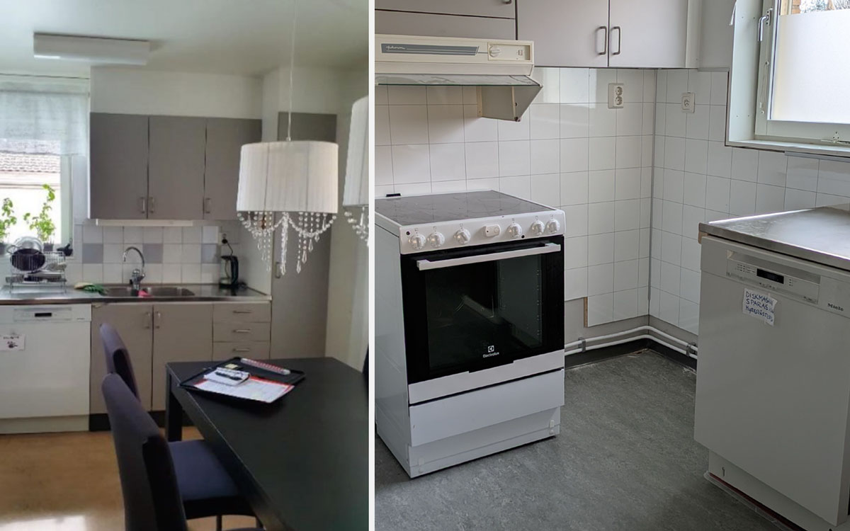 Köket innan (till vänster) och efter vattenskadan.