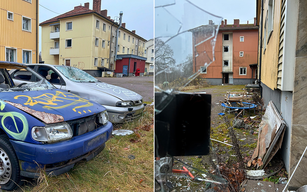 Tvådelad bild. Två skrotbilar syns på ena bilden. På den andra syns bland annat ett fyrkantigt dörrhandtag och en trasig ruta.