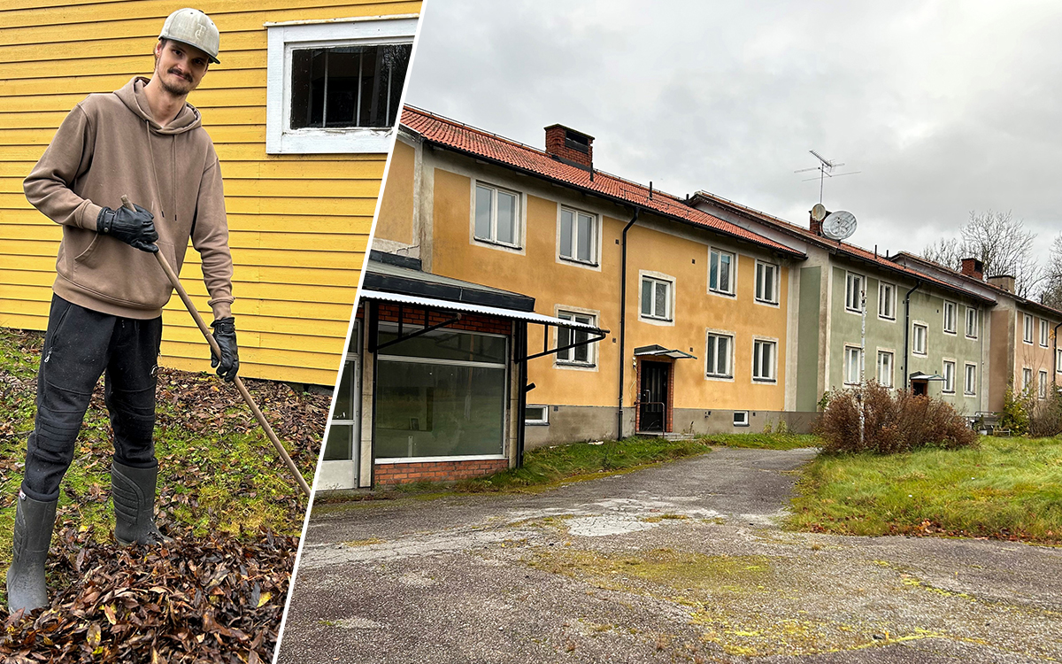 Tvådelad bild. På ena bilden ser man en ung man i helfigur som håller i skaftet till en kratta. På den andra bilden syns en hyreslänga i olika färger.