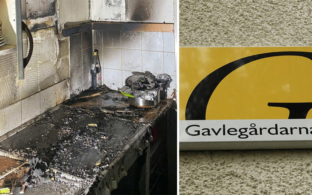 En tudelad bild. Till vänster en svartbränd köksspis. Till höger Gavlegårdarnas skylt på en husvägg.