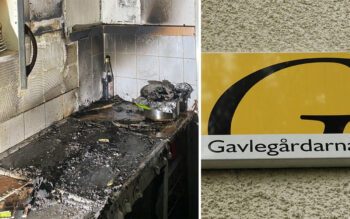 En tudelad bild. Till vänster en svartbränd köksspis. Till höger Gavlegårdarnas skylt på en husvägg.