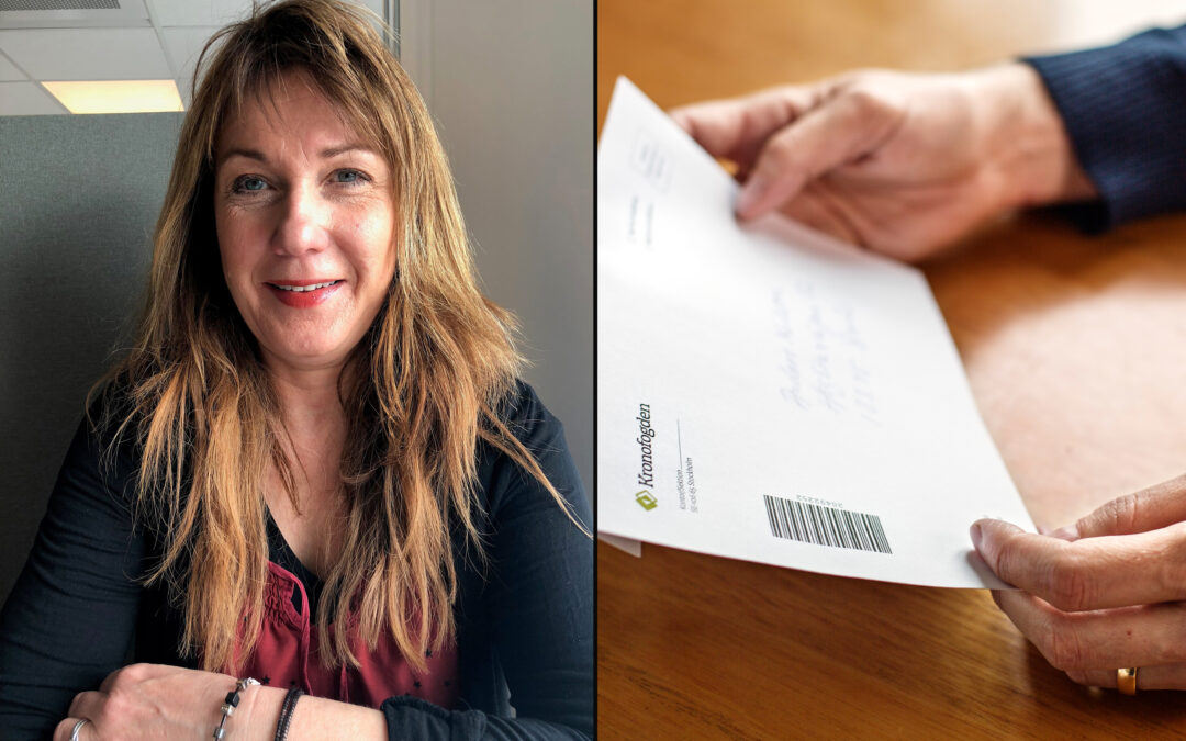 Två bilder, en på en kvinna i övre medelåldern och den andra är en anonym människa som håller i ett brev med Kronofogdemyndighetens logotyp på.