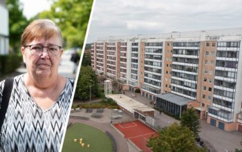 En tvådelad bild. Till vänster en kvinna och till höger ett höghus.