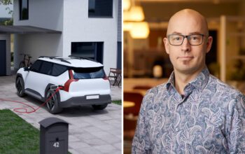 Bilden är ett montage av två bilder. Till vänster syns en grafikbild an en elbil. Till höger ett foto av Elsäkerhetsverkets expert Mikael Carlson.