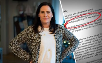 Ett montage med en ung kvinna som står med armarna i sidan i ett vardagsrum och en handling från hyresnämnden med inringad text, "en höjning för år 2025 på 0 procent".