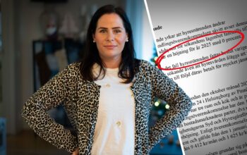 Ett montage med en ung kvinna som står med armarna i sidan i ett vardagsrum och en handling från hyresnämnden med inringad text, "en höjning för år 2025 på 0 procent".
