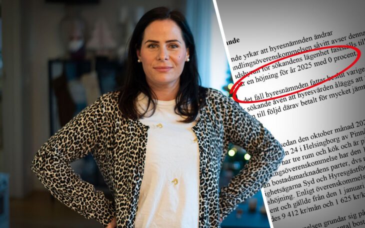 Ett montage med en ung kvinna som står med armarna i sidan i ett vardagsrum och en handling från hyresnämnden med inringad text, "en höjning för år 2025 på 0 procent".