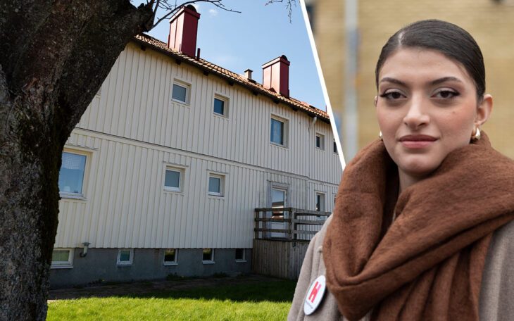 Ett kollage med ett vitt tvåvåningshus med ett pilträd i förgrunden samt en ung kvinna med brun halsduk och ett rockmärke från Hyresgästföreningen.