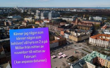 Vy över Möllevången i Malmö och annons från Facebook.