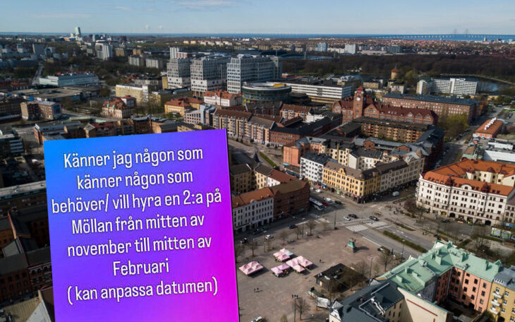 Vy över Möllevången i Malmö och annons från Facebook.