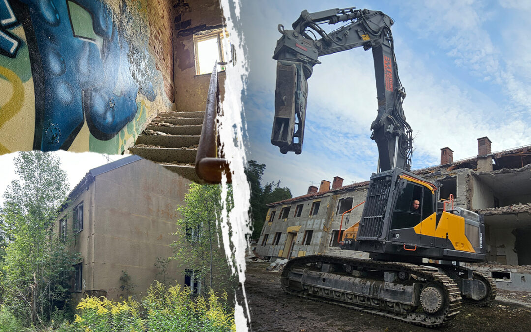 Tredelad bild. Den största bilden visar en grävskopa med förare, framför skalet av ett hus. På de två andra bilderna ser man dels skalet av ett hus med en massa grönska framför, dels en trappuppgång som är helt nedklottrad.