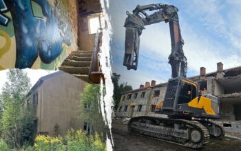 Tredelad bild. Den största bilden visar en grävskopa med förare, framför skalet av ett hus. På de två andra bilderna ser man dels skalet av ett hus med en massa grönska framför, dels en trappuppgång som är helt nedklottrad.