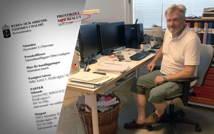 En tvådelad bild som visar en man vid ett skrivbord på ett kontor och ett faksimil av ett beslut från hyresnämnden i Malmö.