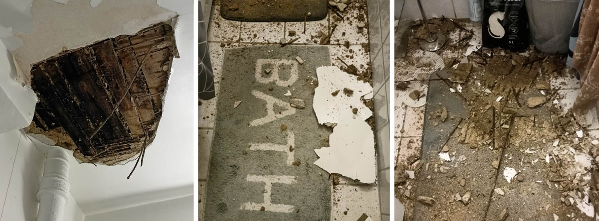 Bilder från badrum efter takras