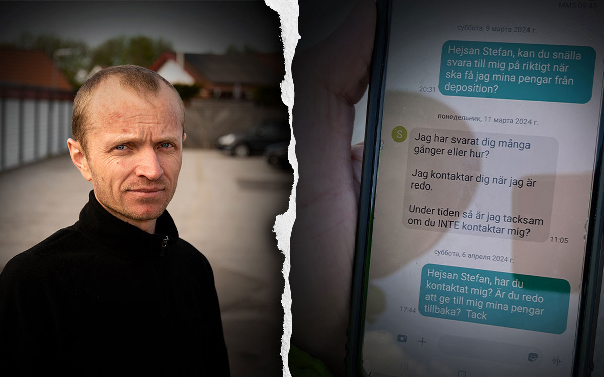 En tvådelad bild som visar en man och en sms-konversation på en mobil.