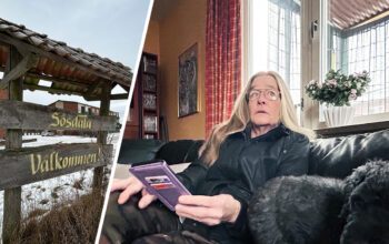 En tvådelad bild. En kvinna som tittar snett åt höger och en med en skylt.