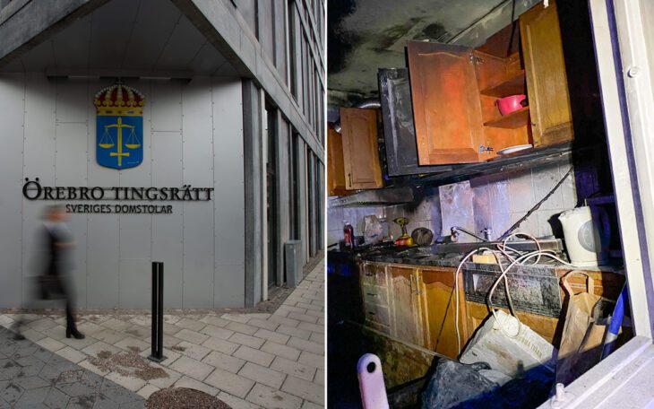 Tvådelad bild. Ena delen visar en del av en fasad där det står "Örebro tingsrätt". En kvinna syns gå förbi (rörelseoskärpa) på bilden. Den andra delen visar polisens bild från hur köket såg ut efter branden.