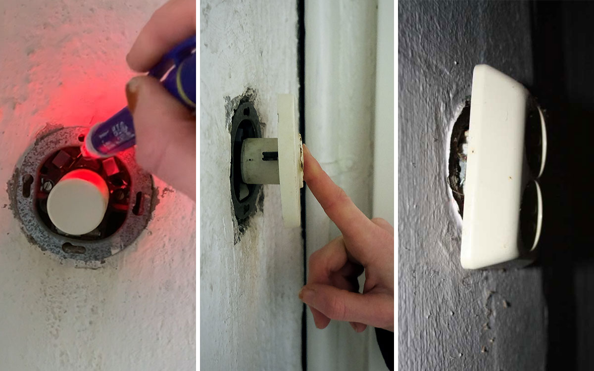 Tre färska exempel på hur det kan se ut i Deborah Helins område. På bilden i mitten sitter lysknappen löst och plasten har smält.