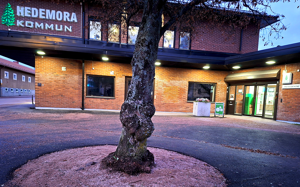 Bilden visar en tegelbyggnad i två våningar. På en skylt står det "Hedemora kommun". I förgrunden syns ett träd i en rundel.