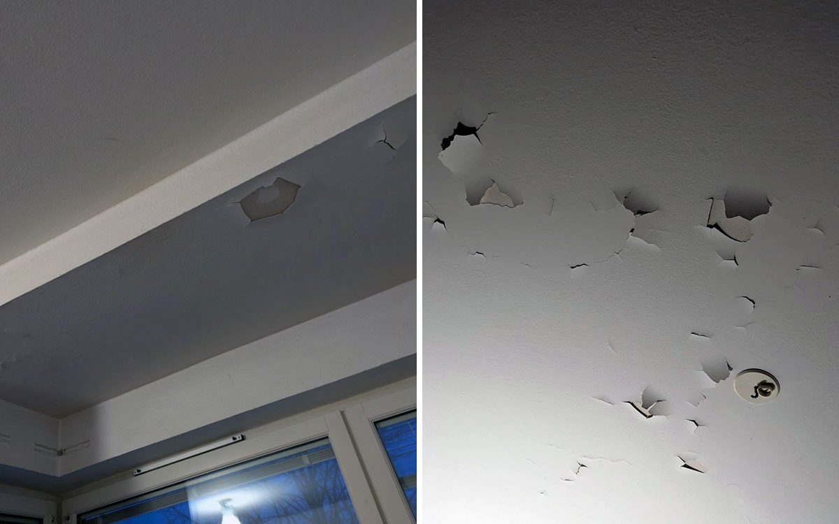 Färg som flagnar i innetaken.