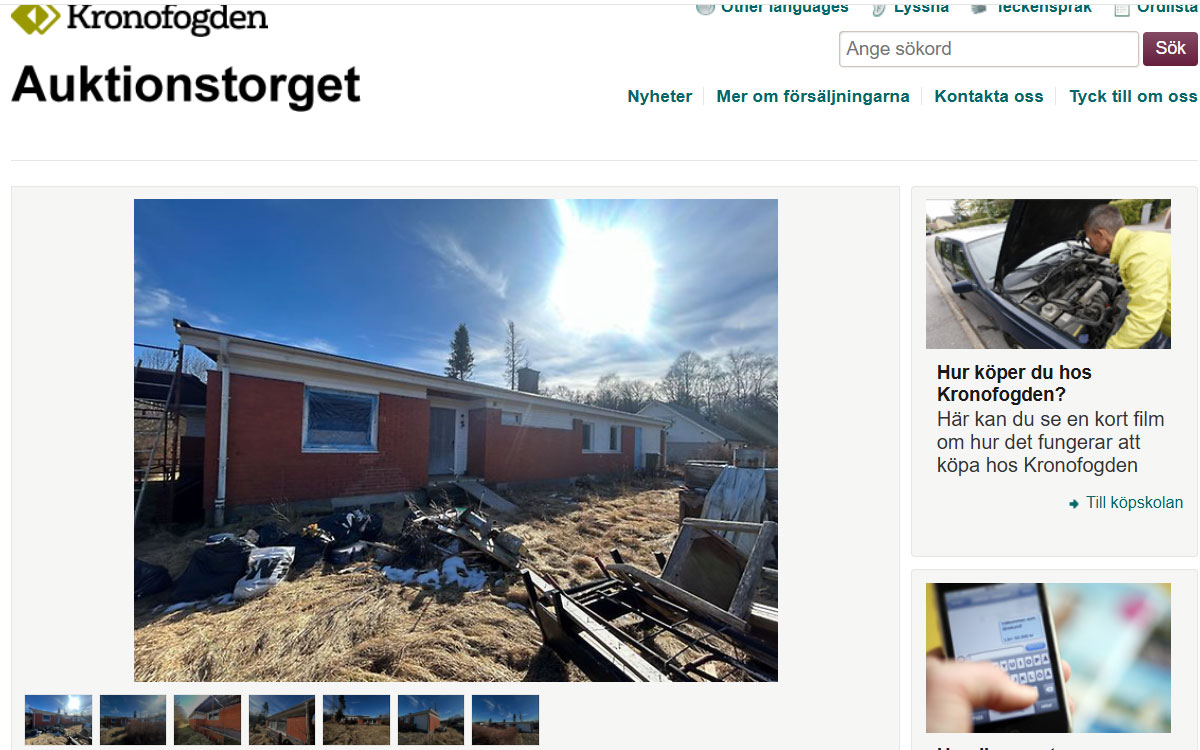 Skärmbild på Kronofogdens försäljning i Gräfsnäs.